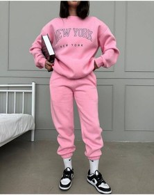 Resim New York New York Eşofman Takımı Sweatshirt Jogger - Pembe Baskılı Oversize Şardonlu Bisiklet Yaka Pembe 