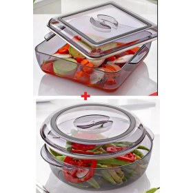 Resim MCM Group 2 Li Set Kare ve Yuvarlak Silikon Contalı Akrilik Borcam Kapaklı Saklama Kabı Mikrodalga Kabı 