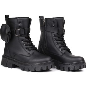 Resim Kadın Siyah Postal Bot Cüzdanlı Kalın Taban Fermuarlı Bağcıklı Tokalı Rahat Günlük Şık Ve Dayanıklı Siyah 