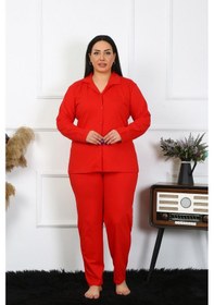 Resim Akbeniz Kadın Büyük Beden Pamuklu Cepli Düğmeli Kırmızı Pijama Takım 202401-kırmızı Kırmızı 