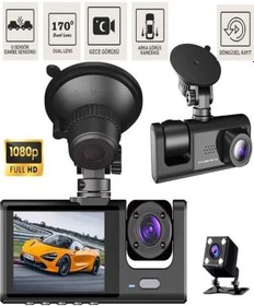 Resim Araç İçi Kamera 1080p 3 Kameralı Ips Ekran G Sensör Gece Görüş Ultra Geniş Açı Yol Kayıt Geri Görüş 