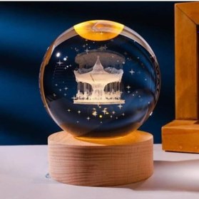 Resim 3d Kristal Cam Küre Ahşap Kaideli Gece Lambası - Atlıkarınca 