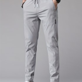 Resim Erkekler için Şık Açık Gri Düz Bacaklı Rahat Pantolonlar Cebi ile - Nefes Alabilen Dokuma Kumaş, Bağcıklı Bel, Bahar ve Yaz için Mükemmel, Casual Giyim|Minimalist Pantolonlar|Esnek Kumaş 