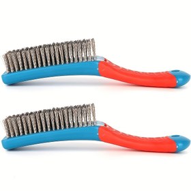 Resim 1 adet Ağır Hizmet Tipi Paslanmaz Çelik Tel Fırça, Ergonomik Mavi ve Kırmızı Saplar - Pas, Çamur, Kir ve Boya Temizliği, Derin Temizlik için İdeal, Plastik Sap 