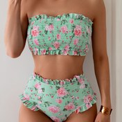 Resim Aftulls Kadınlar için Çiçek Desenli Bandeau Bikini Takımı - Seksi Sarma Stili, Yüksek Esneklik, Makinede Yıkanabilir ve Marul Kenar Detayı 