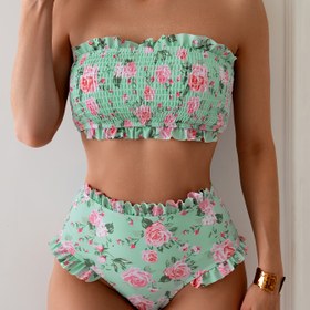 Resim Aftulls Kadınlar için Çiçek Desenli Bandeau Bikini Takımı - Seksi Sarma Stili, Yüksek Esneklik, Makinede Yıkanabilir ve Marul Kenar Detayı 