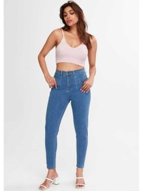 Resim Shevega Kadın Mavi Ön Contali Likrali Dar Paça Jeans Pantolon Mavi 