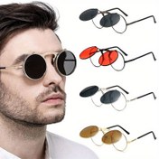 Resim 1 adet Steampunk Flip Up Moda Gözlük Erkekler için Yuvarlak Metal Flip Çift Linssli Gözlük Kavisli Gözlük Ayakları 