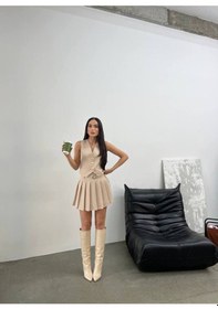 Resim Yüksek Bel Kemerli Astarlı Etek & Yelek Kombini Bej 