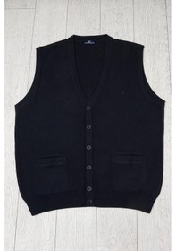 Resim Woolen World Cepli V Yaka Battal Büyük Boy Düğmeli Yünlü Triko Yelek Lacivert 