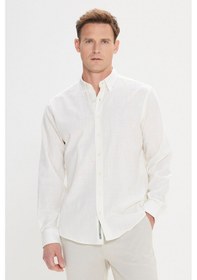 Resim AC&Co / Altınyıldız Classics Erkek Ekru Comfort Fit Rahat Kesim Gizli Düğme Yaka %100 Pamuk Flamlı Gömlek Ekru 