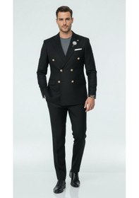 Resim Erkek Kruvaze Gold Düğmeli Dokulu Likralı Kumaş Blazer Ceket Modern Kesim Şık Tasarım Siyah 