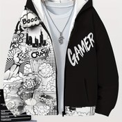 Resim Erkek Çocuklar İçin [Oynak Tarz] Siyah Beyaz Oyuncu Grafikli Kapüşonlu Sweatshirt - Cepli, Fermuarlı Uzun Kollu Ceket, Sonbahar/Kış Günlük Giyim İçin Havalı Baskı Tasarımı, Erkek Çocuk Günlük Giyim | Oynak Grafikli Kapüşonlu Sweatshirt | Makinede Yıkanabilir Kumaş, Gençler İçin Hoodieler 