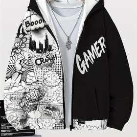 Resim Erkek Çocuklar İçin [Oynak Tarz] Siyah Beyaz Oyuncu Grafikli Kapüşonlu Sweatshirt - Cepli, Fermuarlı Uzun Kollu Ceket, Sonbahar/Kış Günlük Giyim İçin Havalı Baskı Tasarımı, Erkek Çocuk Günlük Giyim | Oynak Grafikli Kapüşonlu Sweatshirt | Makinede Yıkanabilir Kumaş, Gençler İçin Hoodieler 
