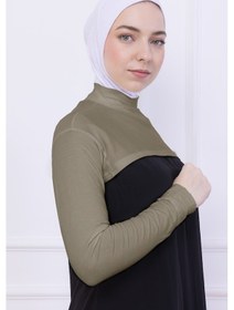 Resim Loggia Balıkçı Yaka Boyunluklu Kolluk Açık Yeşil - Likralı Dik Yakalı Kadın Body Tesettür Crop Bolero Açık Yeşil 