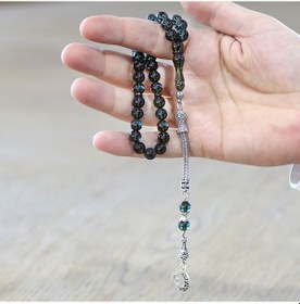 Resim Tesbihname Ateş Kehribar Tesbih - Kararmaz Metal Ayyıldız Püsküllü - Su Mavisi Renk - Küre Kesim Mavi 