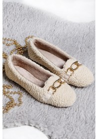 Resim Peluş Tüylü Zincirli Kadın Ev Ayakkabısı Panduf Bej 