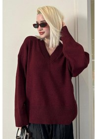 Resim Madmext Koyu Bordo V Yaka Oversize Kadın Triko Kazak Mg2149 Koyu Bordo 