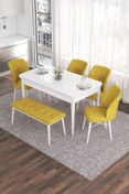 Resim Canisa Eva Serisi 80x132 Açılabilir Mdf Mutfak Masası Takımı Beyaz Masa 4 Hardal Sandalye 1 Bench 
