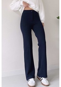 Resim Kaya Butik Kadın Lacivert Krep Kumaş Likralı Ön Çimalı Ispanyol Paça Palazzo Pantolon Lacivert 