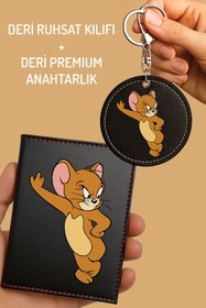 Resim Cekuonline Çift Kancalı Suni Deri Anahtarlık + Kart Kimlik Bölmeli Siyah Ruhsat Kabı Kılıfı JerryDesen 