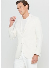 Resim AC&Co / Altınyıldız Classics Erkek Ekru 360 Her Yöne Esneyen Pamuklu Esnek Slim Fit Dar Kesim Mono Yaka Armürlü Blazer Ceket Ekru 