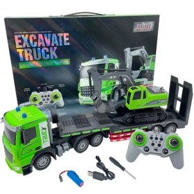 Resim 1:12 Ölçek Uzaktan Kumandalı Işıklı Tır Ve Ekskavatör Kepçe Seti Şarjlı Rc İnşaat Aracı Oyuncak Açık Yeşil 