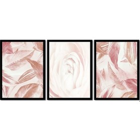 Resim Beyaz Gül Ve Yapraklar Üçlü Çerçeveli Cam Tablo Seti-172115 