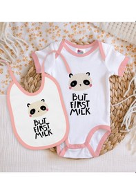 Resim Bk Kids But First Milk Tasarımlı Pembe Bebek Body Zıbın Ve Mama Ö Çok Renkli 