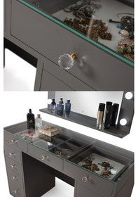 Resim Dokunmatik Led Aynalı Camlı 11 Çekmeceli Takı Bölmeli Kulis Makyaj Masası Antrasit Antrasit 