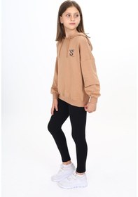 Resim Toontoy Kids Toontoy Kız Çocuk 2'li Takım Baskılı Kapüşonlu Düşük Omuz Sweatshirt & Basic Düz Tayt Kahverengi 