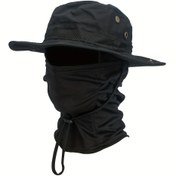 Resim 2 adet erkek kamuflaj boonie şapka ve balaclava kombini | Açık hava güneş koruma geniş kenar şapka ile ip askılı | Nefes alabilir spor balıkçılık, avcılık ve rüzgar geçirmez katlanabilir şapka 