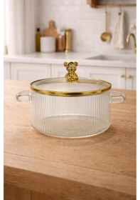 Resim Ayıcık Detaylı Isıya Dayanıklı Borasilikat Cam Tencere 2000 Ml Gold 