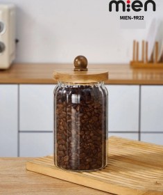 Resim Mien Akasya Kapak Borosilikat Çizgili Cam Kavanoz 950 Ml Ahşap - Şeffaf 