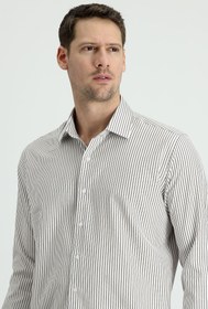 Resim Orta Haki Uzun Kol Slim Fit Dar Kesim Çizgili Pamuklu Gömlek 