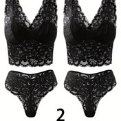 Resim 2 Parça Seksi Siyah Dantel Sütyen ve Külot Takımı, Derin V Yaka, Çiçekli Dantel Atlet Üstü, Yarı Şeffaf Bralette İç Çamaşırı Seti 