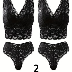 Resim 2 Parça Seksi Siyah Dantel Sütyen ve Külot Takımı, Derin V Yaka, Çiçekli Dantel Atlet Üstü, Yarı Şeffaf Bralette İç Çamaşırı Seti 