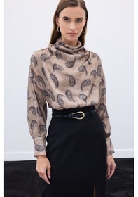 Resim Sateen Degaje Yaka Desenli Bluz - Vizon-136574 Vizon 