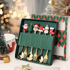 Resim 4/6 Adet Noel Yaratıcı Paslanmaz Çelik Kaşık, Kahve Karıştırma Kaşığı, Tatlı Meyve Çatalı, Bebek Kaşık ve Çatal Sofra Takımı 