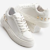 Resim Marjin Kadın Sneaker Altın Zımbalı Kalın Desenli Taban Spor Ayakkabı Sirya Beyaz 