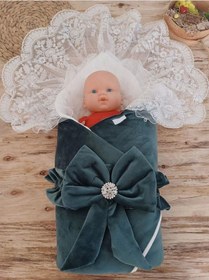 Resim Yenidoğan Saray Kadife Taç Nakışlı İnci Fiyonklu Dantel Duvak Trilüks Kundak Bebek Battaniye Yeşil 