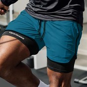 Resim Erkek Hızlı Kuruyan Atletik Şortlar - Yaz 2'si 1 Arada Tasarım ile Dahili Tayt, Mavi ve Siyah Renk Bloğu, Fitness Eğitimi, Koşu, Tenis ve Günlük Giyim için Mükemmel, Rahat Spor Şortları | Renk Bloğu Şortları | Hafif Esnek Kumaş 