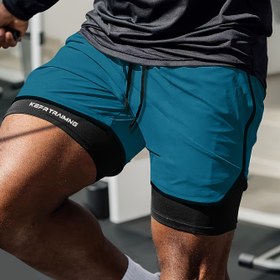 Resim Erkek Hızlı Kuruyan Atletik Şortlar - Yaz 2'si 1 Arada Tasarım ile Dahili Tayt, Mavi ve Siyah Renk Bloğu, Fitness Eğitimi, Koşu, Tenis ve Günlük Giyim için Mükemmel, Rahat Spor Şortları | Renk Bloğu Şortları | Hafif Esnek Kumaş 
