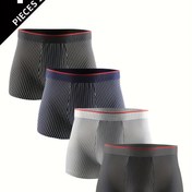 Resim 4 adet Erkek Nefes Alabilir Rahat Esnek Bokser Külot, Moda Çok Yönlü İç Çamaşırı, Spor Şortları, Büyük Boy Çizgili Stil Renk Bloklu Kırmızı Kenar Kemer, Buz İpeksi Kumaş, Günlük ve Günlük Giyim için Serin Konfor 