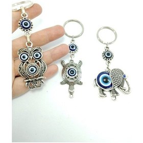 Resim Üçlü Metal Nazar Boncuklu Baykuş/ Kaplumbağa / Fil Anahtarlık Set 