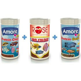 Resim Amore Elite Protein Chips 250ML + Pro Colour 250ML + Protein Garlic 250ML Malawi Cichlid Balık Yemi 