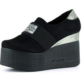 Resim Erkan Saçmacı Himani Siyah Süet Yuvarlak Burun Gümüş Detaylı Gizli Dolgu Topuklu Günlük Ayakkabı Siyah 