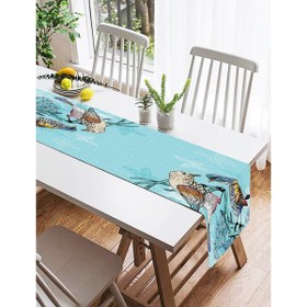 Resim Mavi Kuş Desenli Dijital Baskılı Dekoratif Süet Runner 