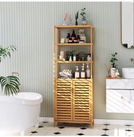 Resim Bambu Banyo Dolabı 6 Raflı Kapaklı Salon Mutfak Çalışma Odası Dolabı Kitaplık Bambu 