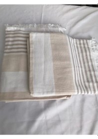 Resim Nivemeshome Kahve-beyaz Çizgili Püsküllü Plaj Havlusu Kahve-beyaz 